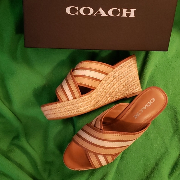 COACH SIZE 8.5 WEDGES LEATHER AND RAFFIA - Picture 2 of 3